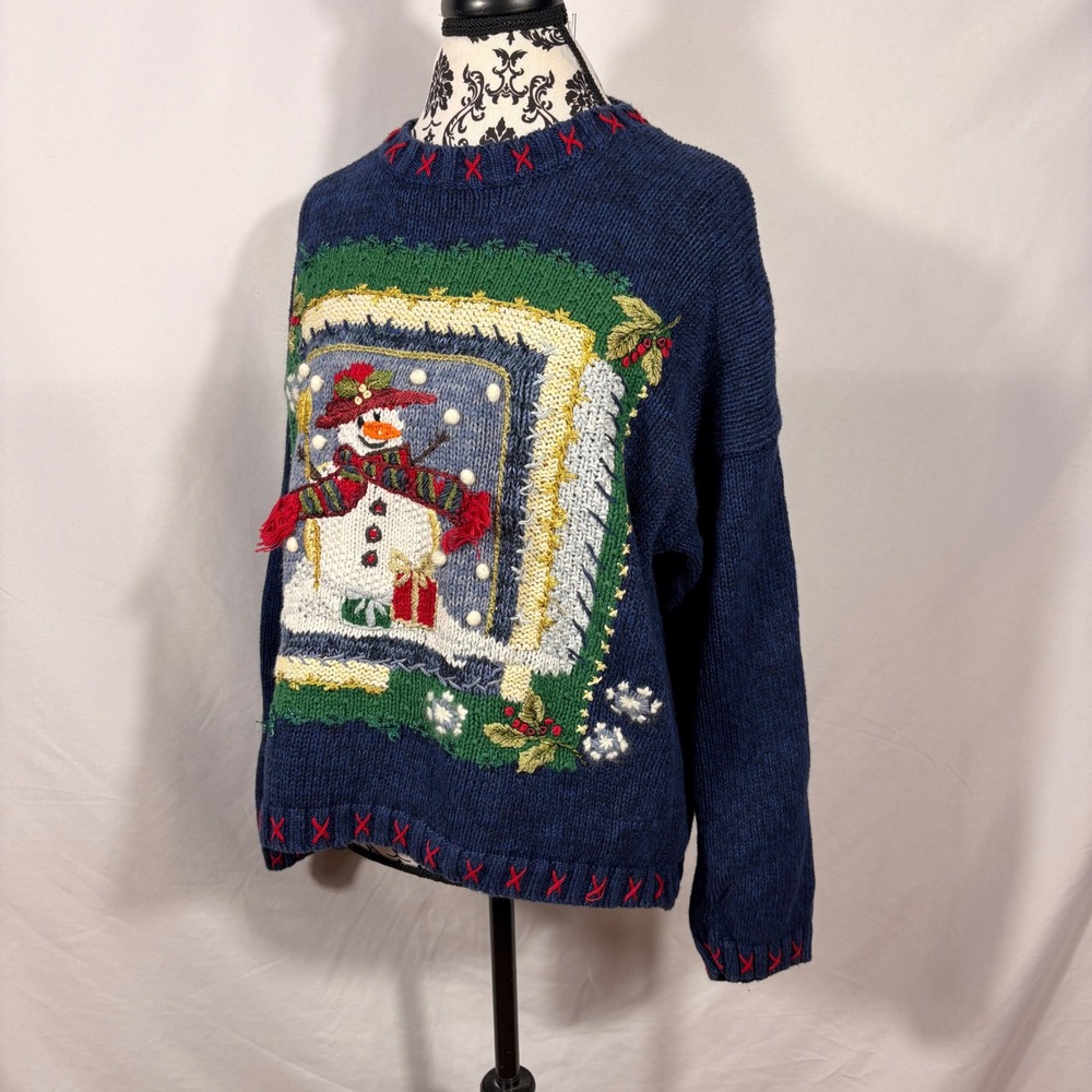 Tiara International Vintage Christmas Snowman Sweater Navy Blue XL Embroidery